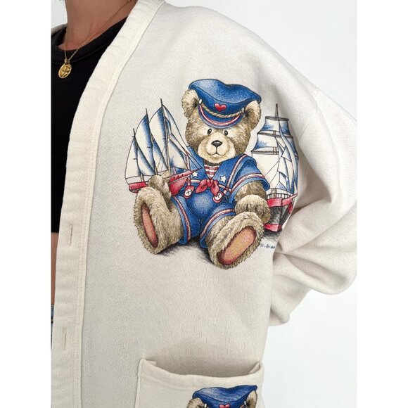 90s vintage nautical sailboat teddy bear graphic button up sweatshirt cardigan - Picture 6 of 9